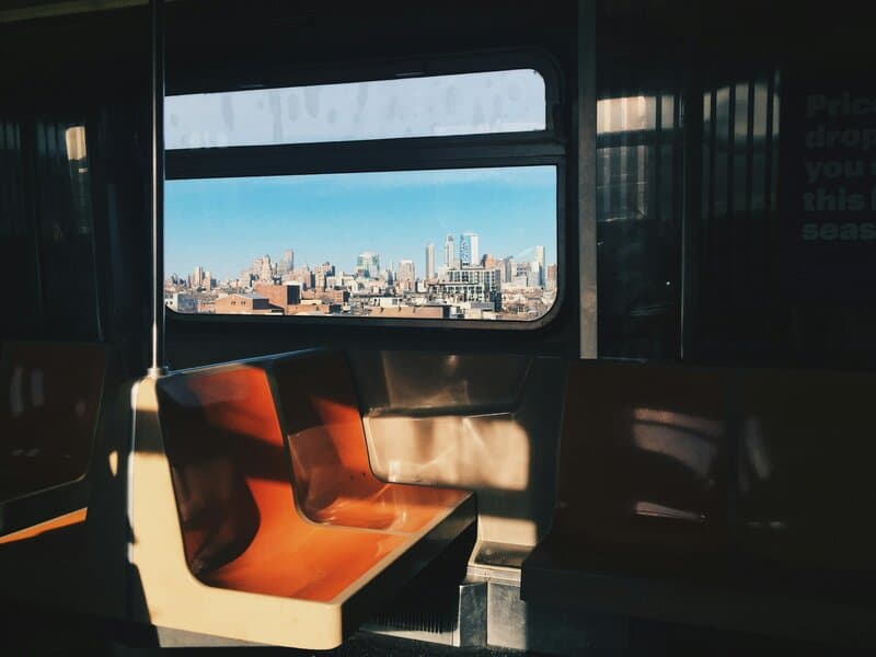 City skyline view from a subway car